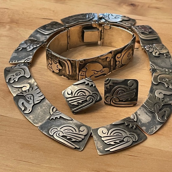 Vintage 1950s Gerardo Lopez Taxco Mexico Sterling silver 925 Rare Parure 4 pcs - Picture 4 of 17